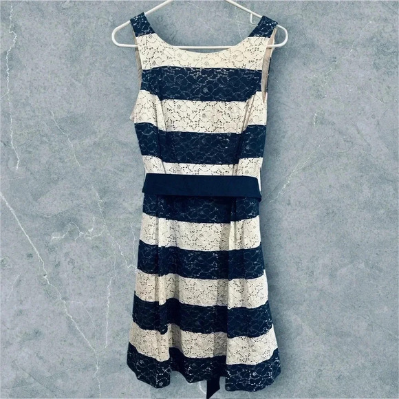 Navy & Off White Striped Lace Signature by Robbie Bee Dress (Size 8P) - Picture 1 of 4